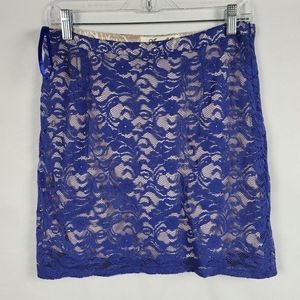 Annabella lace skirt blue lace over champagne satin zip close mini skirt